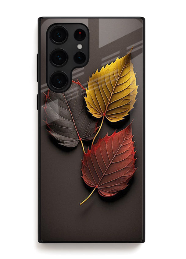 Autumn leaf artwork on Samsung S25 Ultra glass back cover with warm drifting tones.