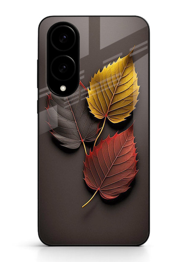 Autumn leaf artwork on Samsung S25 Edge glass back cover with warm drifting tones.