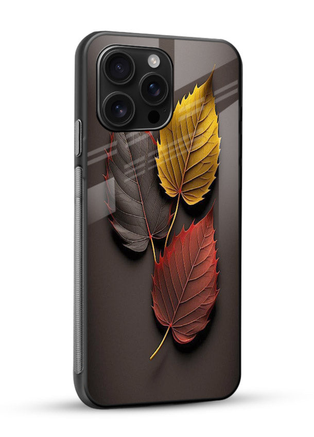Autumn leaf artwork on glossy vibrant premium glass back cover with warm drifting tones. - Angle Side
