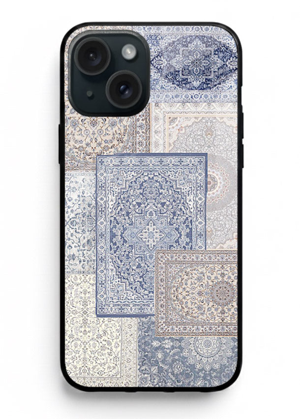 Light blue mosaic artwork printed on glossy tempered glass iPhone 14 back cover