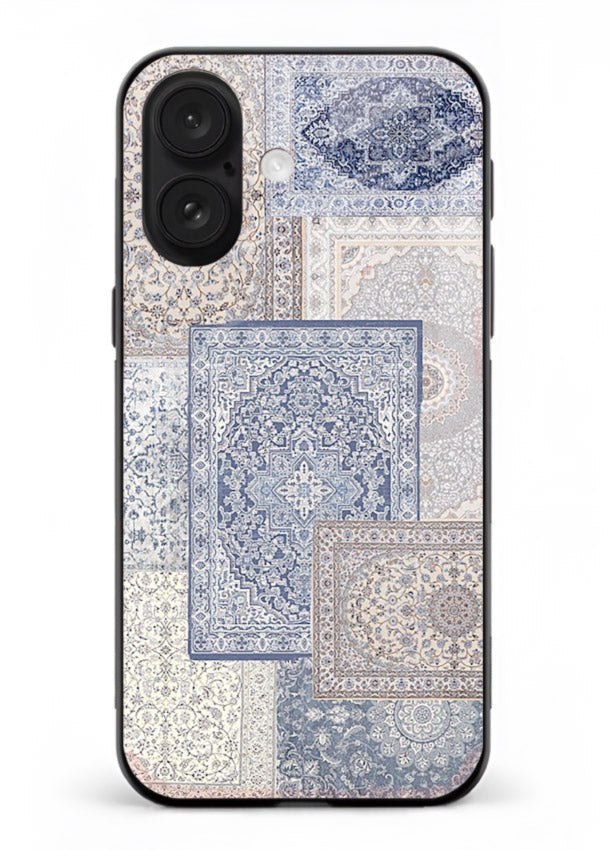Light blue mosaic artwork printed on glossy tempered glass iPhone 18 back cover