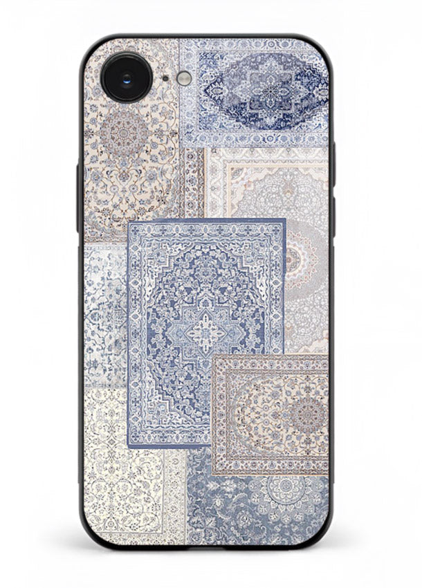 Light blue mosaic artwork printed on glossy tempered glass iPhone 16E back cover