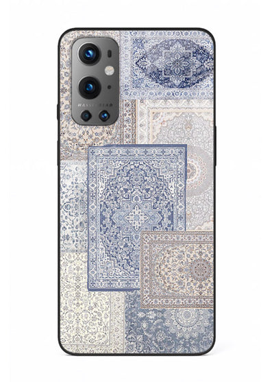 Light blue mosaic artwork printed on glossy tempered glass OnePlus 9 back cover