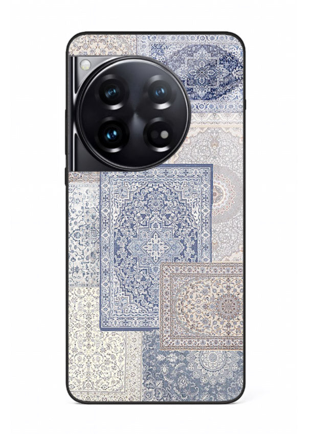 Light blue mosaic artwork printed on glossy tempered glass OnePlus 12 back cover