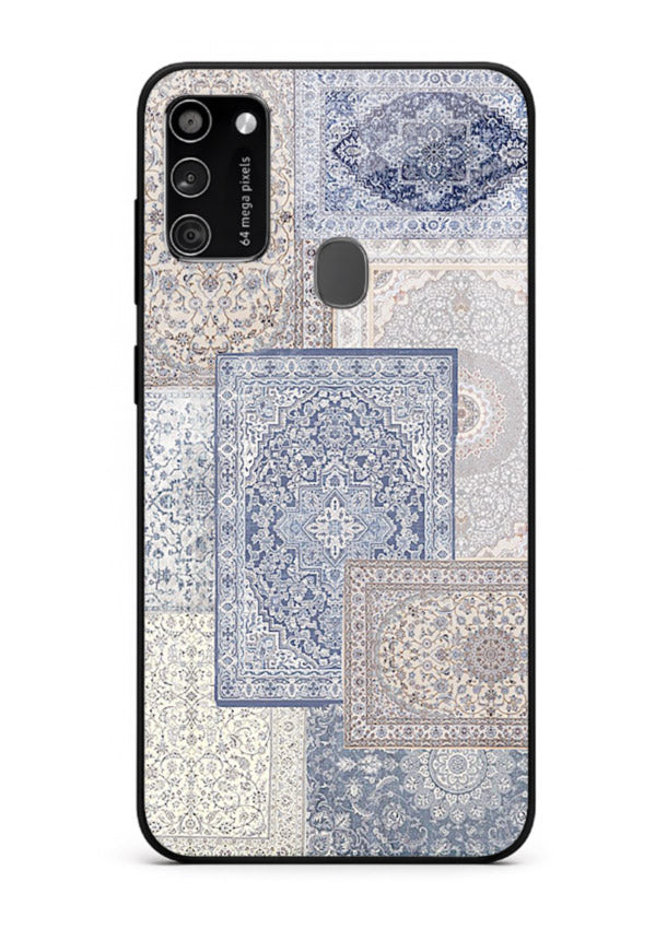 Light blue mosaic artwork printed on glossy tempered glass Samsung M21 back cover