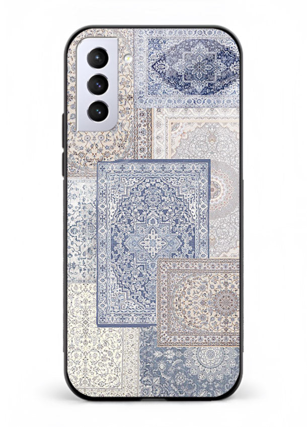 Light blue mosaic artwork printed on glossy tempered glass Samsung S21 FE back cover