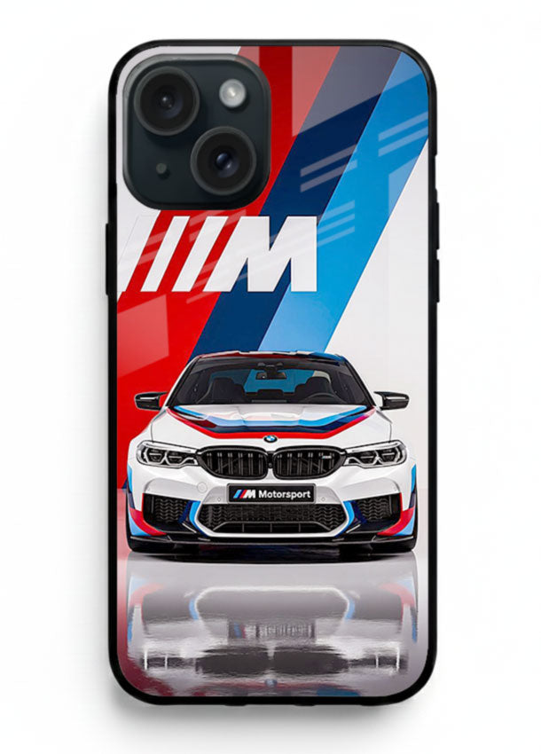 BMW M tricolor stripe design with clean performance styling for iPhone 15 Plus