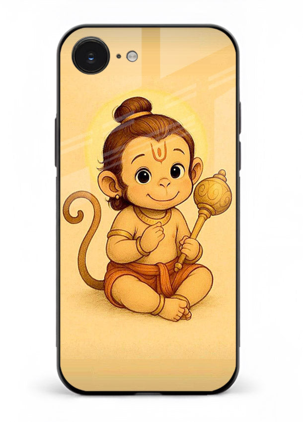 Baby Hanuman cute devotional art iphone 16e glass back cover for bhakts
