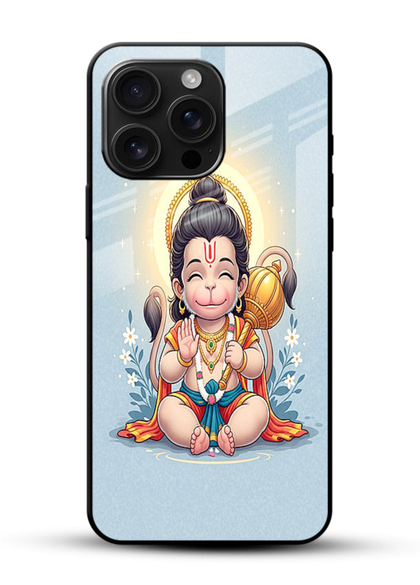 Baby Hanuman graceful artwork design for glossy vibrant premium glass back cover - Angle Front