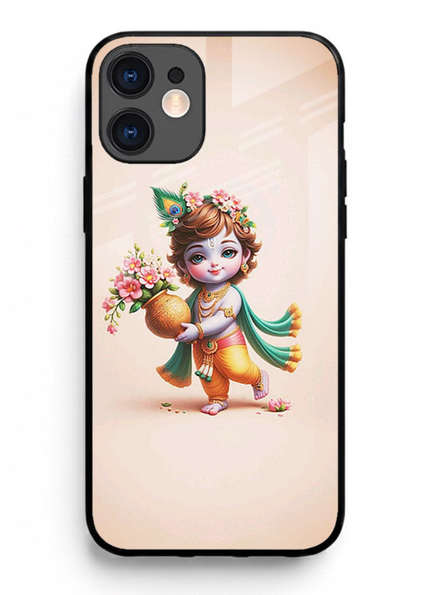 Baby Krishna with flowers artwork iphone 12 mini glass back cover spiritual theme