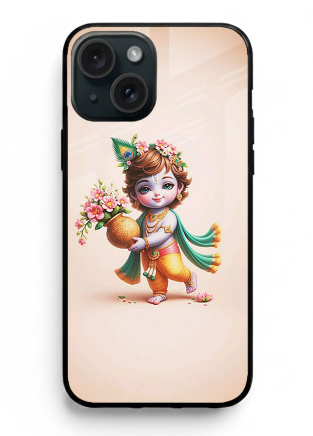 Baby Krishna with flowers artwork iphone 15 plus glass back cover spiritual theme