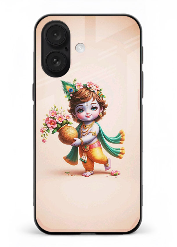 Baby Krishna with flowers artwork iphone 17 glass back cover spiritual theme