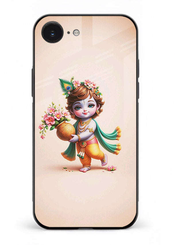 Baby Krishna with flowers artwork iphone 16e glass back cover spiritual theme
