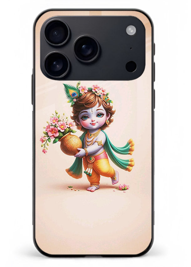 Baby Krishna with flowers artwork iphone 17 pro max glass back cover spiritual theme