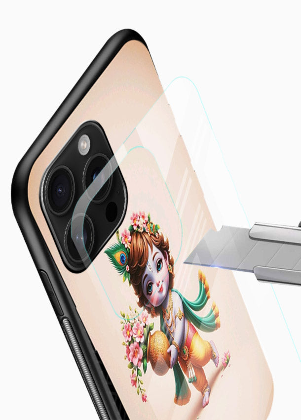 Baby Krishna with flowers artwork glossy vibrant premium glass back cover spiritual theme - Angle Blade
