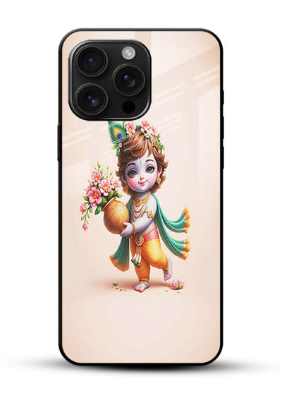 Baby Krishna with flowers artwork glossy vibrant premium glass back cover spiritual theme - Angle Front