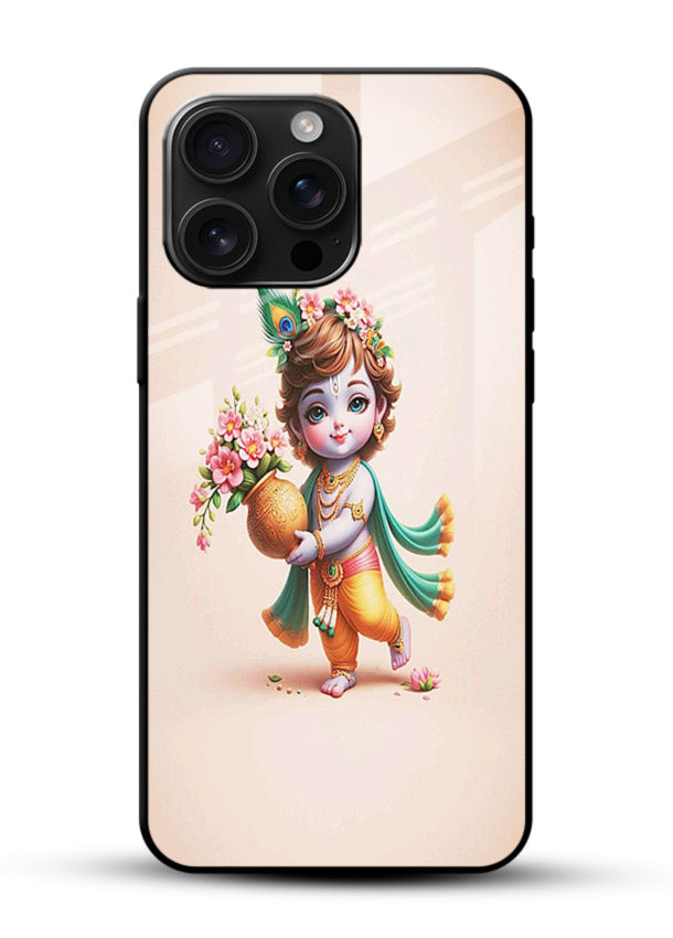 Baby Krishna with flowers artwork glossy vibrant premium glass back cover spiritual theme - Angle Front