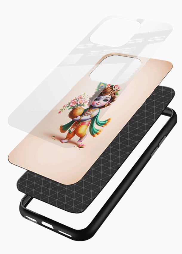 Baby Krishna with flowers artwork glossy vibrant premium glass back cover spiritual theme - Angle Layers