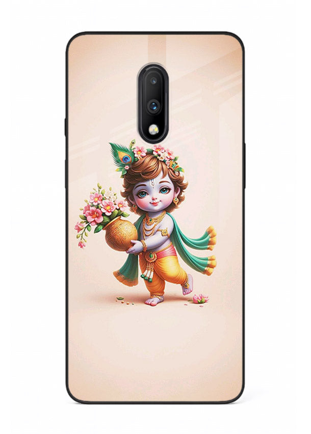 Baby Krishna with flowers artwork OnePlus 7 glass back cover spiritual theme