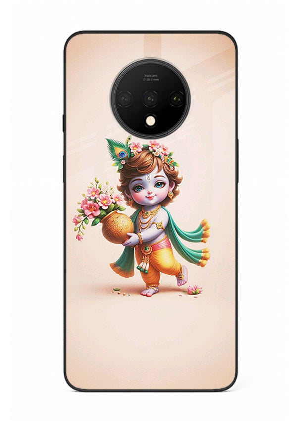 Baby Krishna with flowers artwork OnePlus 7T glass back cover spiritual theme