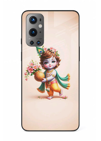 Baby Krishna with flowers artwork OnePlus 9 glass back cover spiritual theme
