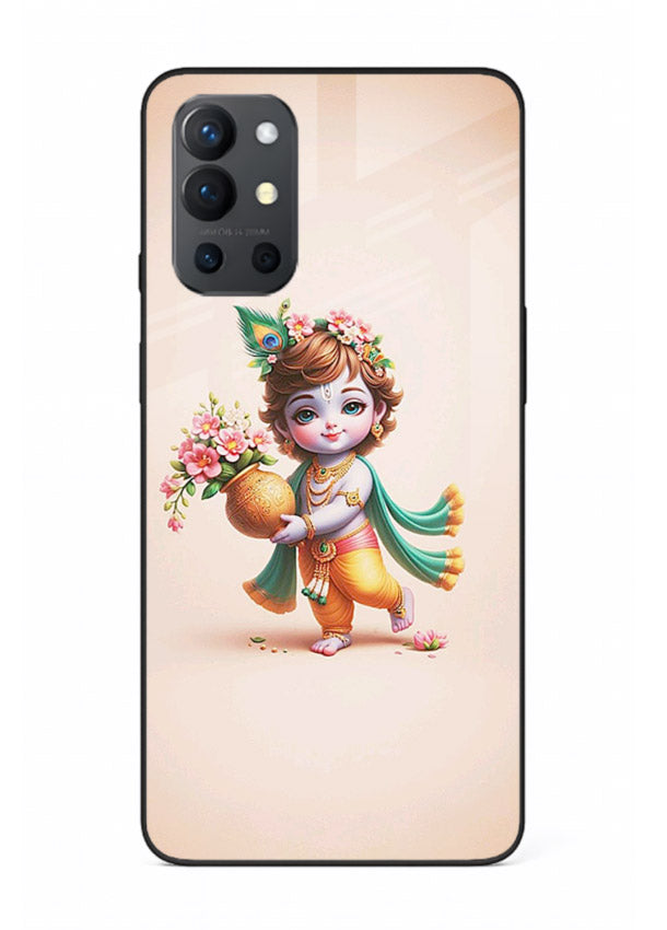 Baby Krishna with flowers artwork OnePlus 9R glass back cover spiritual theme
