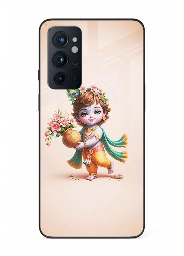Baby Krishna with flowers artwork OnePlus 9RT glass back cover spiritual theme