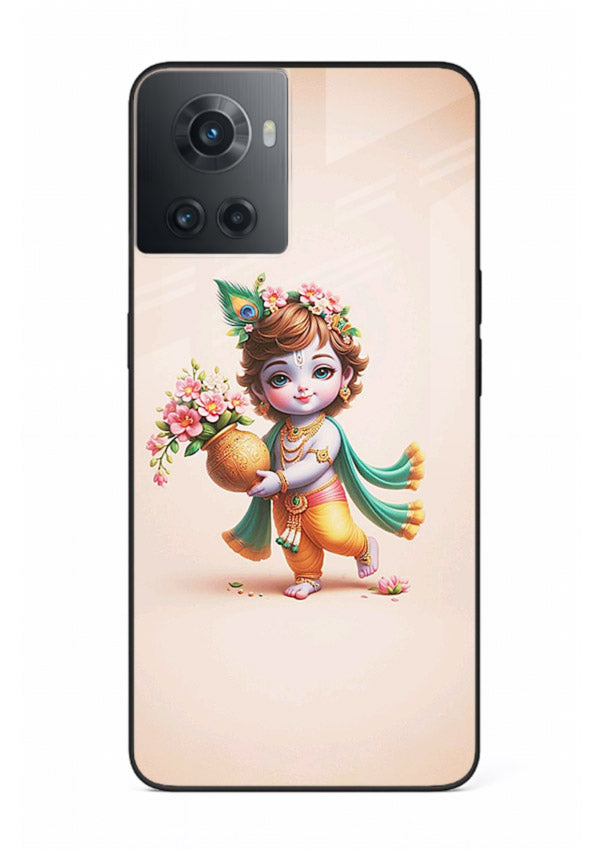 Baby Krishna with flowers artwork OnePlus 10R glass back cover spiritual theme