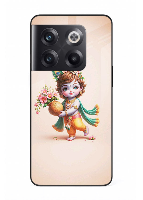 Baby Krishna with flowers artwork OnePlus 10T glass back cover spiritual theme