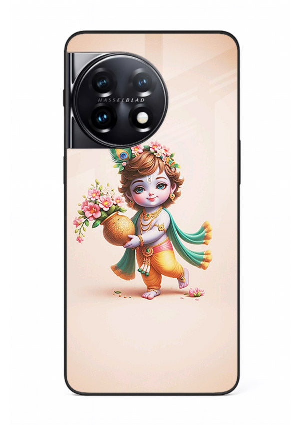 Baby Krishna with flowers artwork OnePlus 11R glass back cover spiritual theme