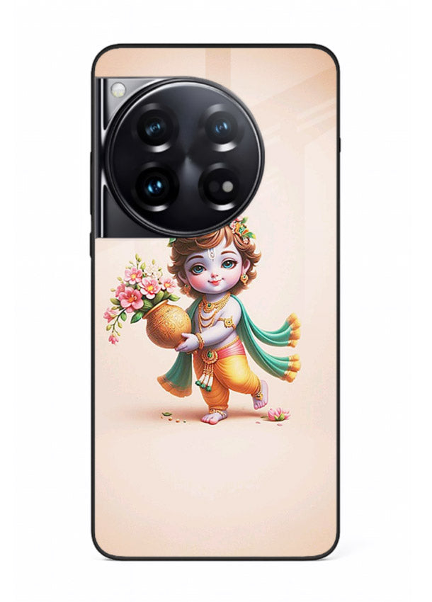 Baby Krishna with flowers artwork OnePlus 12 glass back cover spiritual theme