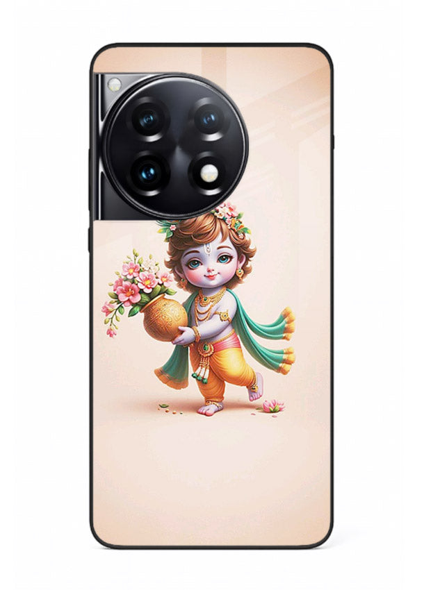Baby Krishna with flowers artwork OnePlus 12R glass back cover spiritual theme