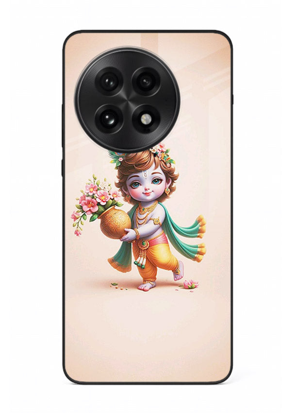 Baby Krishna with flowers artwork OnePlus 13R glass back cover spiritual theme