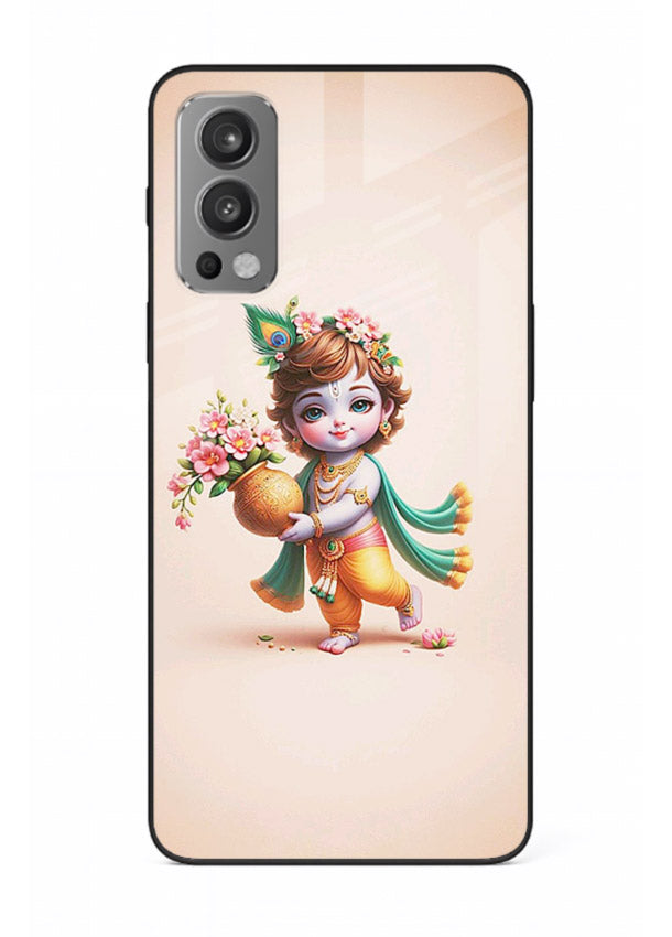 Baby Krishna with flowers artwork OnePlus Nord 2 glass back cover spiritual theme