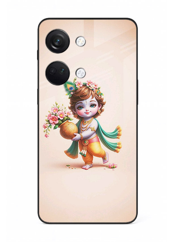 Baby Krishna with flowers artwork OnePlus Nord 3 glass back cover spiritual theme