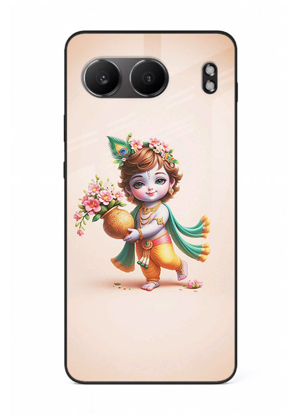 Baby Krishna with flowers artwork OnePlus Nord 4 glass back cover spiritual theme
