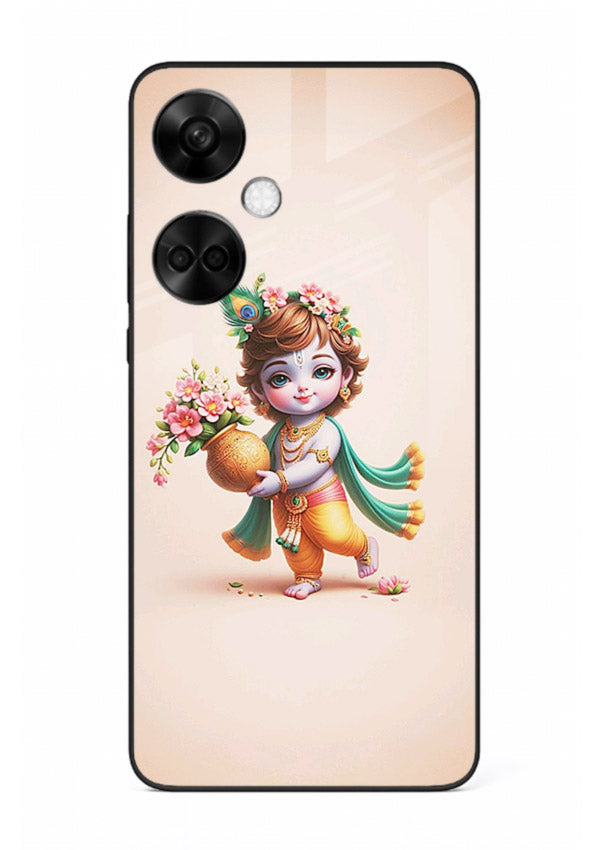 Baby Krishna with flowers artwork OnePlus Nord CE3 glass back cover spiritual theme