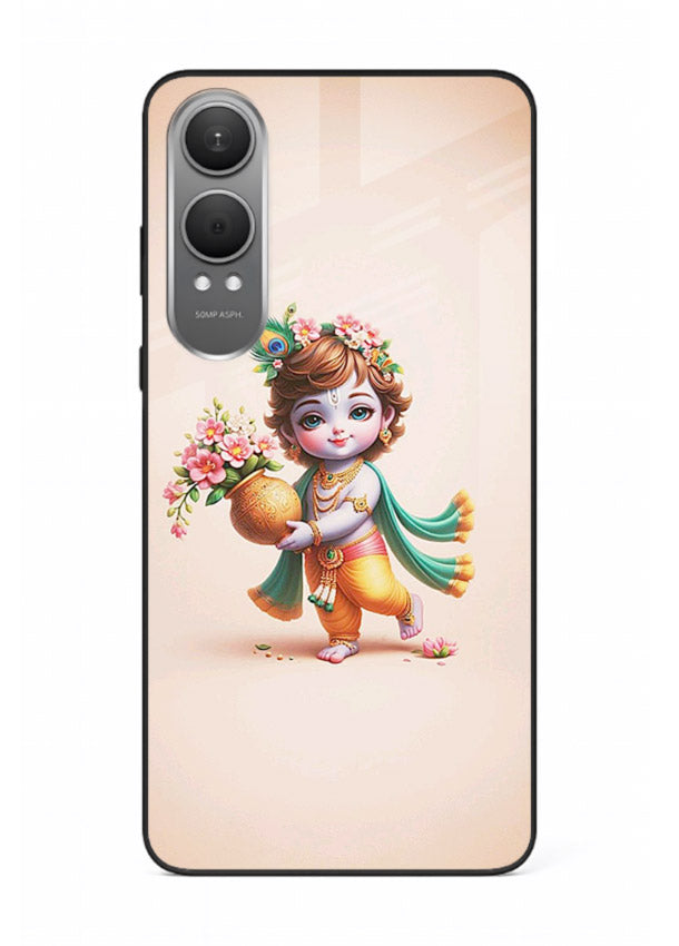 Baby Krishna with flowers artwork OnePlus Nord CE4 Lite glass back cover spiritual theme