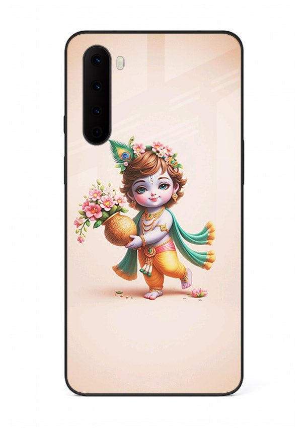 Baby Krishna with flowers artwork OnePlus Nord glass back cover spiritual theme