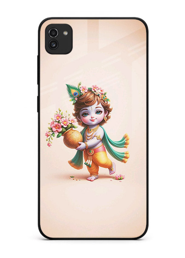 Baby Krishna with flowers artwork Samsung A03 glass back cover spiritual theme