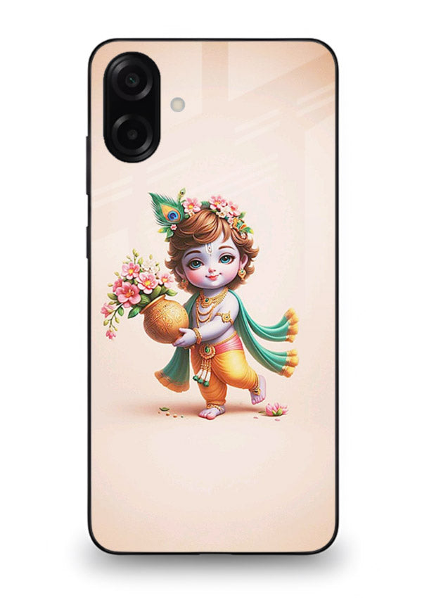 Baby Krishna with flowers artwork Samsung M13 5G glass back cover spiritual theme