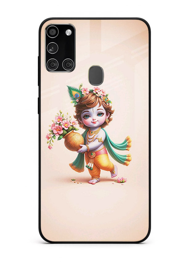 Baby Krishna with flowers artwork Samsung A21s glass back cover spiritual theme