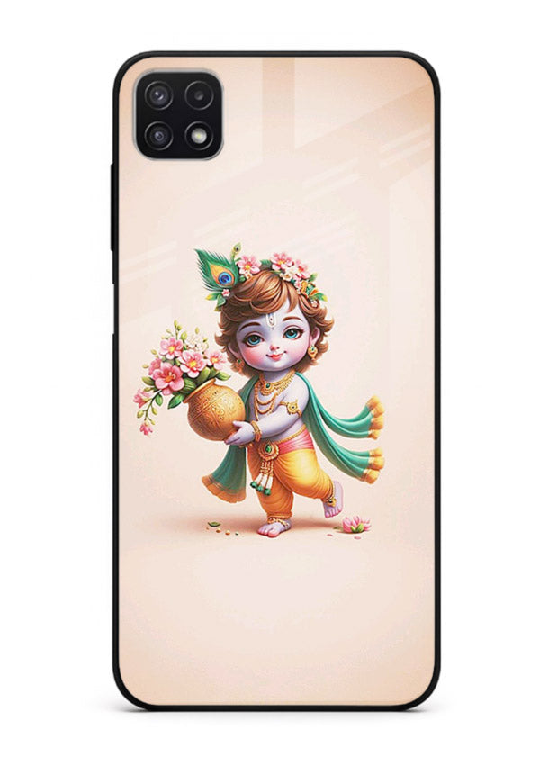 Baby Krishna with flowers artwork Samsung F42 5G glass back cover spiritual theme
