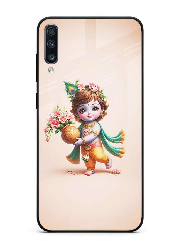 Baby Krishna with flowers artwork Samsung A70 glass back cover spiritual theme