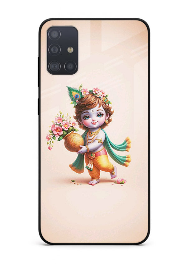 Baby Krishna with flowers artwork Samsung A51 glass back cover spiritual theme