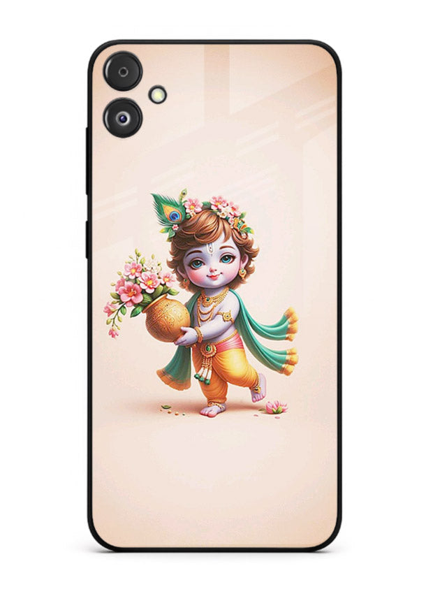 Baby Krishna with flowers artwork Samsung F14 5G glass back cover spiritual theme