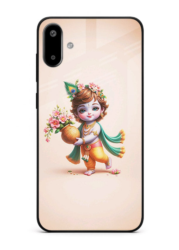 Baby Krishna with flowers artwork Samsung F06 5G glass back cover spiritual theme