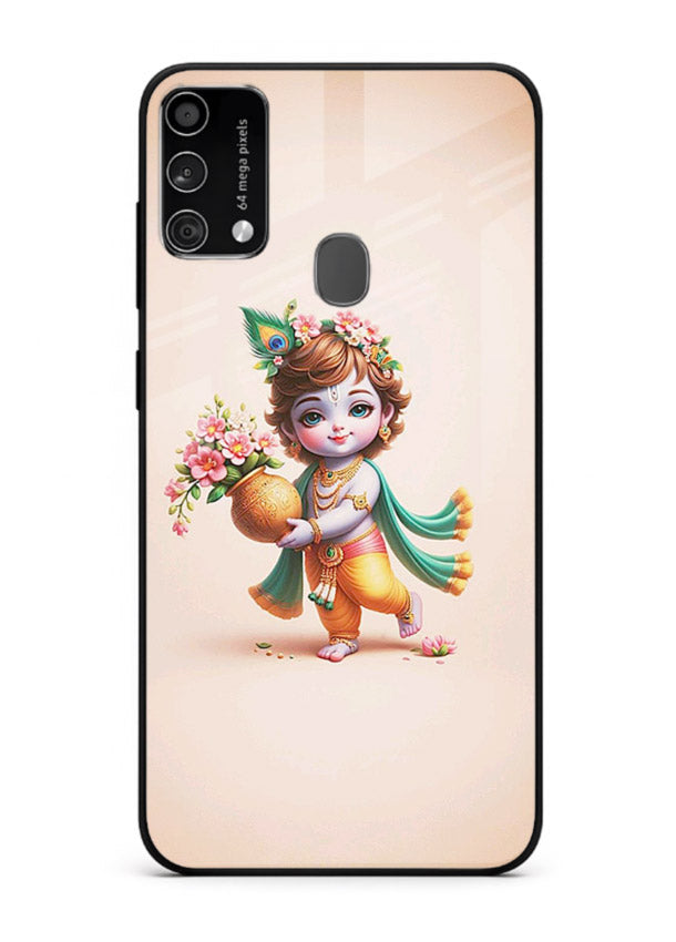 Baby Krishna with flowers artwork Samsung F41 glass back cover spiritual theme