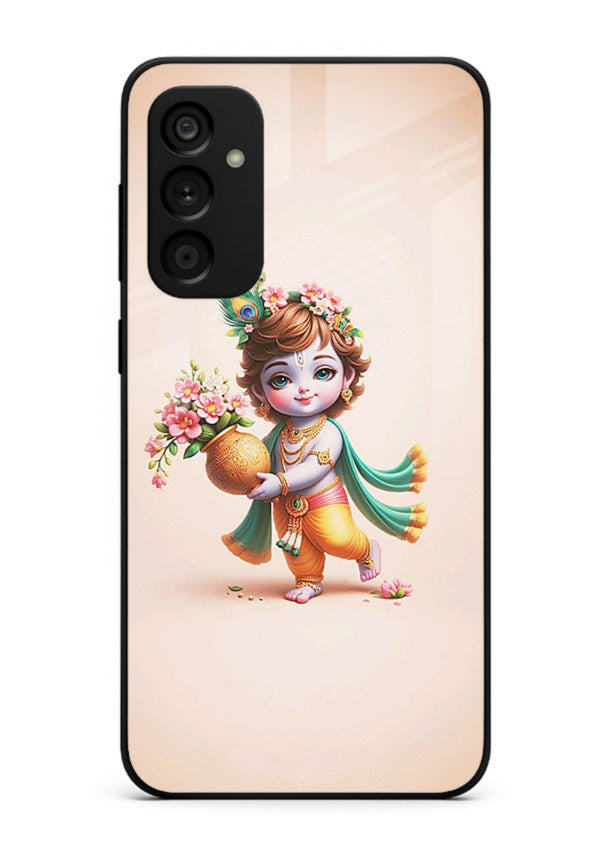 Baby Krishna with flowers artwork Samsung F54 5G glass back cover spiritual theme