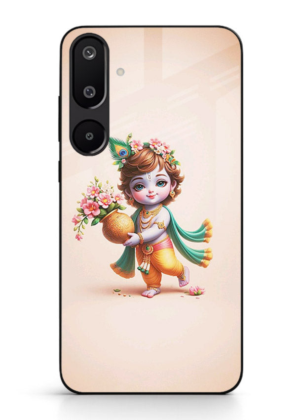 Baby Krishna with flowers artwork Samsung F16 5G glass back cover spiritual theme
